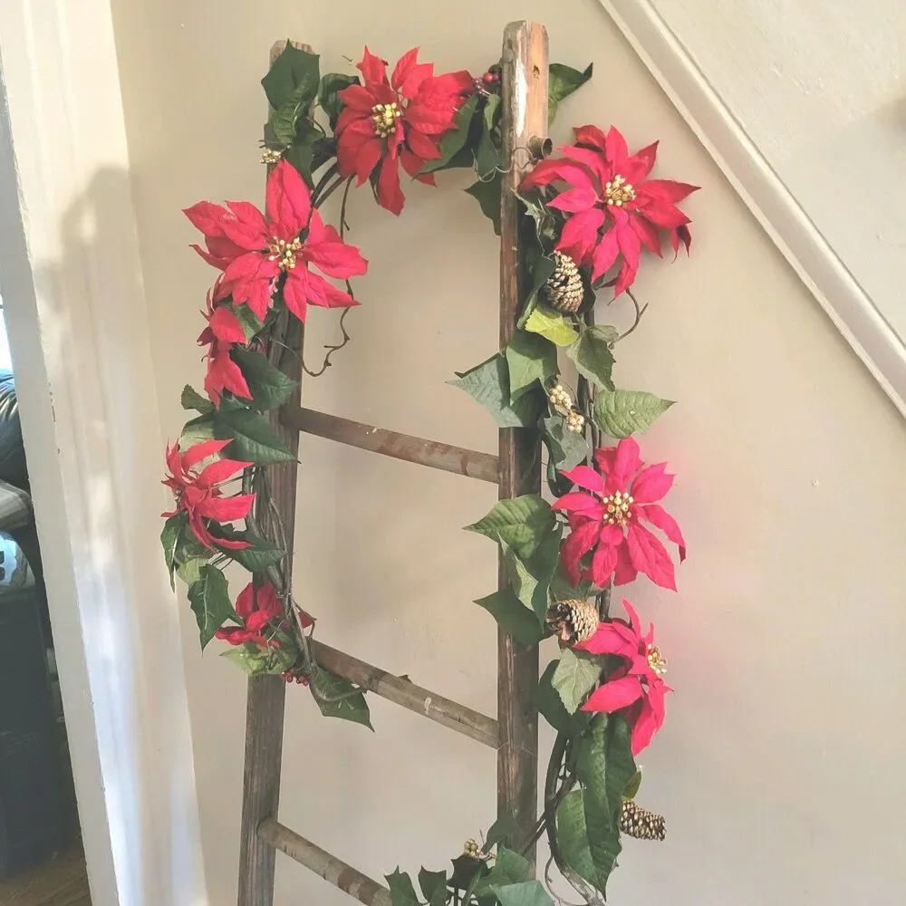 Red Poinsettia & Berry 6ft Mantel Door Stair Flower Swag Arrangement Christmas